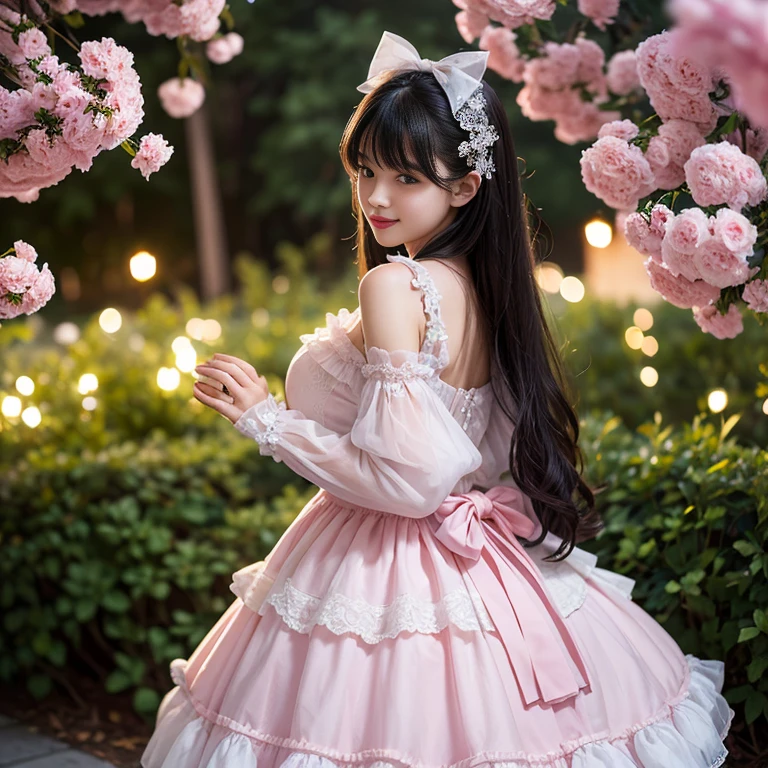 Side view,side angle, Bow tie at the back of the waist, There is a bow on the back,Sideways photo, Skirt length to calf, cupcake dress, Layered skirt with lace on each layer, Put on a lolita dress, layered dress, Pink Lolita dress, lots of lace, Long sleeve, Wide sleeves, Big Skirt, Layered lace skirt, Lace skirt,Puff sleeves, Wide sleeves, Transparent sleeves, intricate details showcase the ruffles and intricate designs of the Lolita dress, Wearing a lolita dress, in a sea of flowers, best quality, Delicate face,beautiful visual work, lifelike, eternity, black hair, Long curly hair, blunt bangs, Smile, Detailed Background, Delicate face,blush,cold,((masterpiece))、(top quality)、8k、high detail、Super detailed,41 years old,woman, masterpiece、born、Scenes resembling fairy tale illustrations、intricate details和複雜的設計、Beautifully、magic、capricious、 Beautifully、Dream aesthetics、「𝓡𝓸𝓶𝓪𝓷𝓽𝓲𝓬、ethereal、charming、fickle、magic」、realism、Visual effects、FXAA、SSAO、Shader、voiceless、ambient lighting、Tone mapping、High resolution、Ultra high quality、Million pixels、(8K resolution:1.10)、8k、8k以下、8K resolution、high detail、intricate details, (high quality:1.2、masterpiece:1.2、:1.21)、(41 years old,woman:1.21)、(興奮地Smile)、(Surrounded by a dreamy atmosphere、Model diagram,full-body shot,Normal 2 feet,Put your hands behind your back,Breast protrusion visible when wearing clothes, Large Breasts, H cup chest, pink dress, Don't show your fingers, full-body shot, full-body shot,full-body shot,full-body shot,full-body shot,full-body shot,full-body shot,full-body shot,Hands hidden in clothes, Hands hidden in clothes,Hands hidden in clothes,Hands hidden in clothes,Hands hidden in clothes,Hands hidden in clothes,Hands hidden in clothes,Hands hidden in clothes,Hands hidden in clothes, ,Hide your hands in your sleeves ,Hide your hands in your sleeves ,Hide your hands in your sleeves ,Hide your hands in your sleeves ,Hide your hands in your sleeves ,Hide your hands in your sleeves ,Hide your hands in your sleeves ,Hide your hands in your sleeves,skirt length to calf, full body photo,full body view,side view