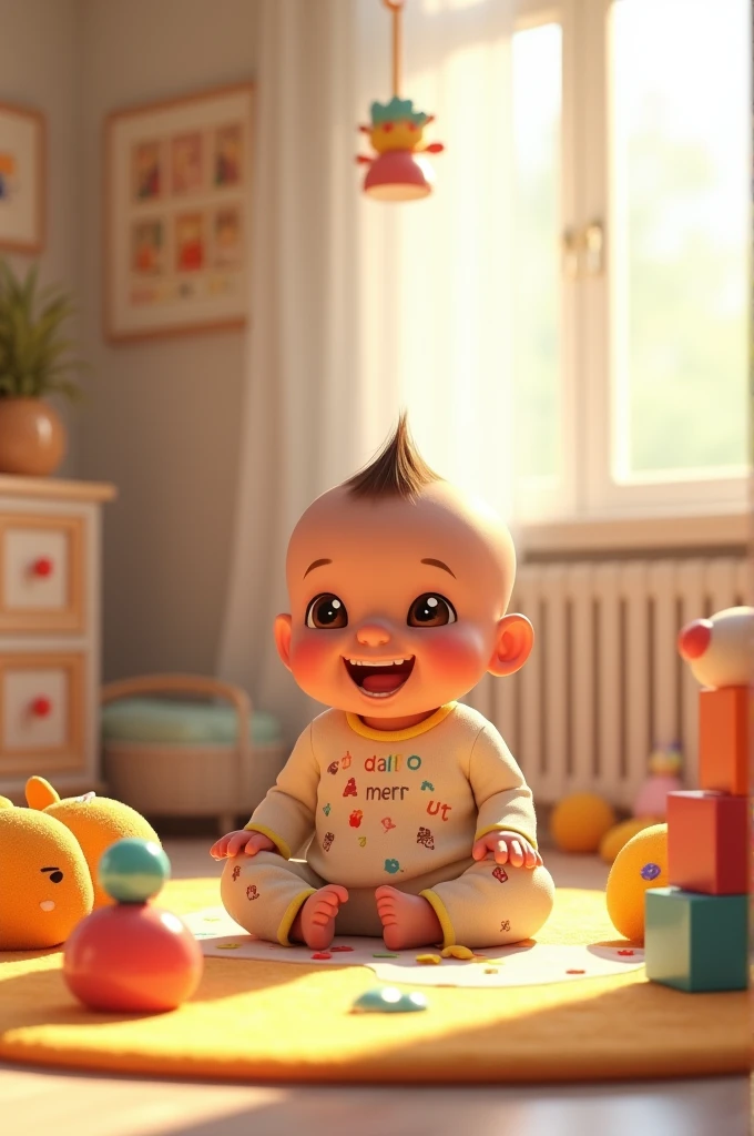 "Design a high-quality 3D cartoon scene featuring a cute baby around , sitting on a colorful play mat. The baby has chubby cheeks and a joyful expression, wearing a playful onesie with bright patterns. Surrounding the baby are soft, plush toys and building blocks. The background is a cozy, well-lit nursery with pastel-colored walls and a mobile hanging above. The scene should include smooth textures and vibrant colors, with subtle VFX like gentle light reflections and soft glows on the toys to create a warm, inviting atmosphere."