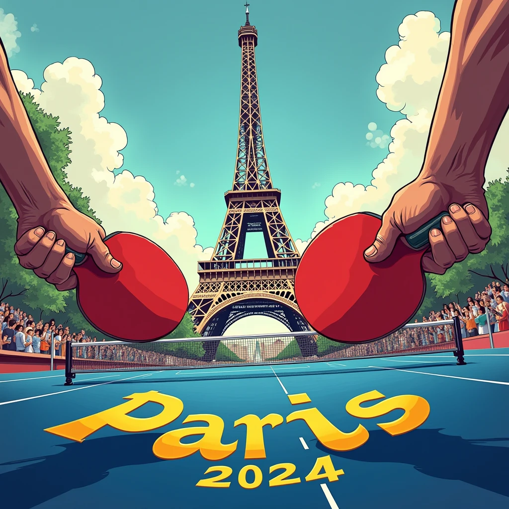 Close-up of Hands, hands of (Table tennis) Athlete, exaggerate caricature poster, in the olympics, Eiffel tower in the background, the words"Paris 2024", joyful chaos, a modern take on classic mythology, vibrant illustration, (best quality, masterpiece, photorealistic), very aesthetic, perfect composition, intricate details, ultra-detailed, vivid colors