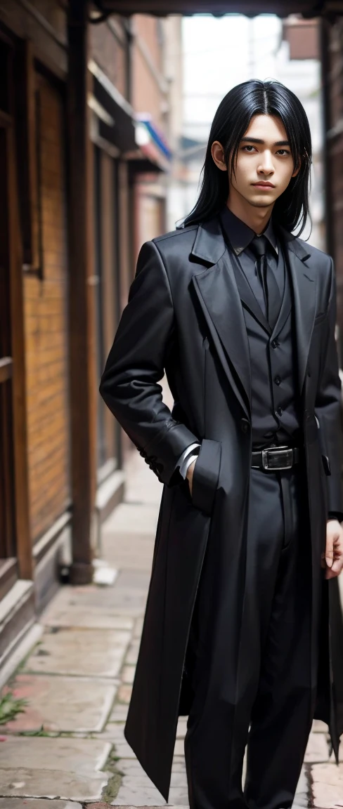 Create a paranormal order character with long black hair. , black overcoat, sandpaper preta, black caigo pants, of Brazilian male origin