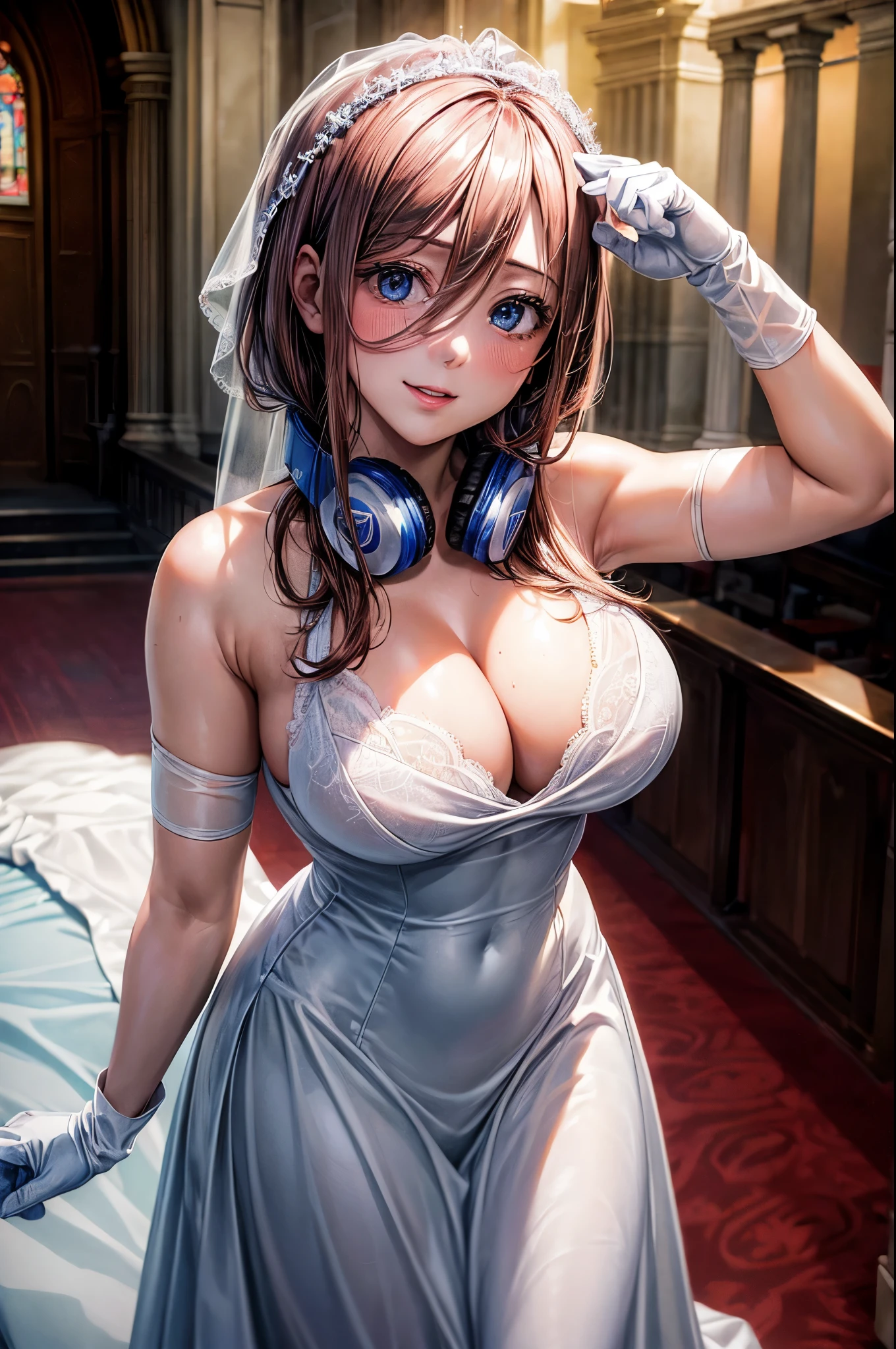 (masterpiece, Highest quality:1.3), (Super detailed:1.4),(Super detailed顔:1.2),(Super detailed目:1.2), (hyperRealistic:1.3), (RAW Photos:1.2), High-definition RAW color photos, Professional photos, (PhotoRealistic:1.4), (Realistic:1.4),8k,Professional Lighting, Perfect Anatomy, BREAK,(Big Breasts:1.6),(blush:1.2),(Bright smile:1.2),detail, Sharp focus, dramatic,dutch angle,(Sexy gravure pose:1.2), nm1, headphones around neck, wedding dress, bridal veil, white gloves,Church with a view of the sea,wedding,Kiss the camera