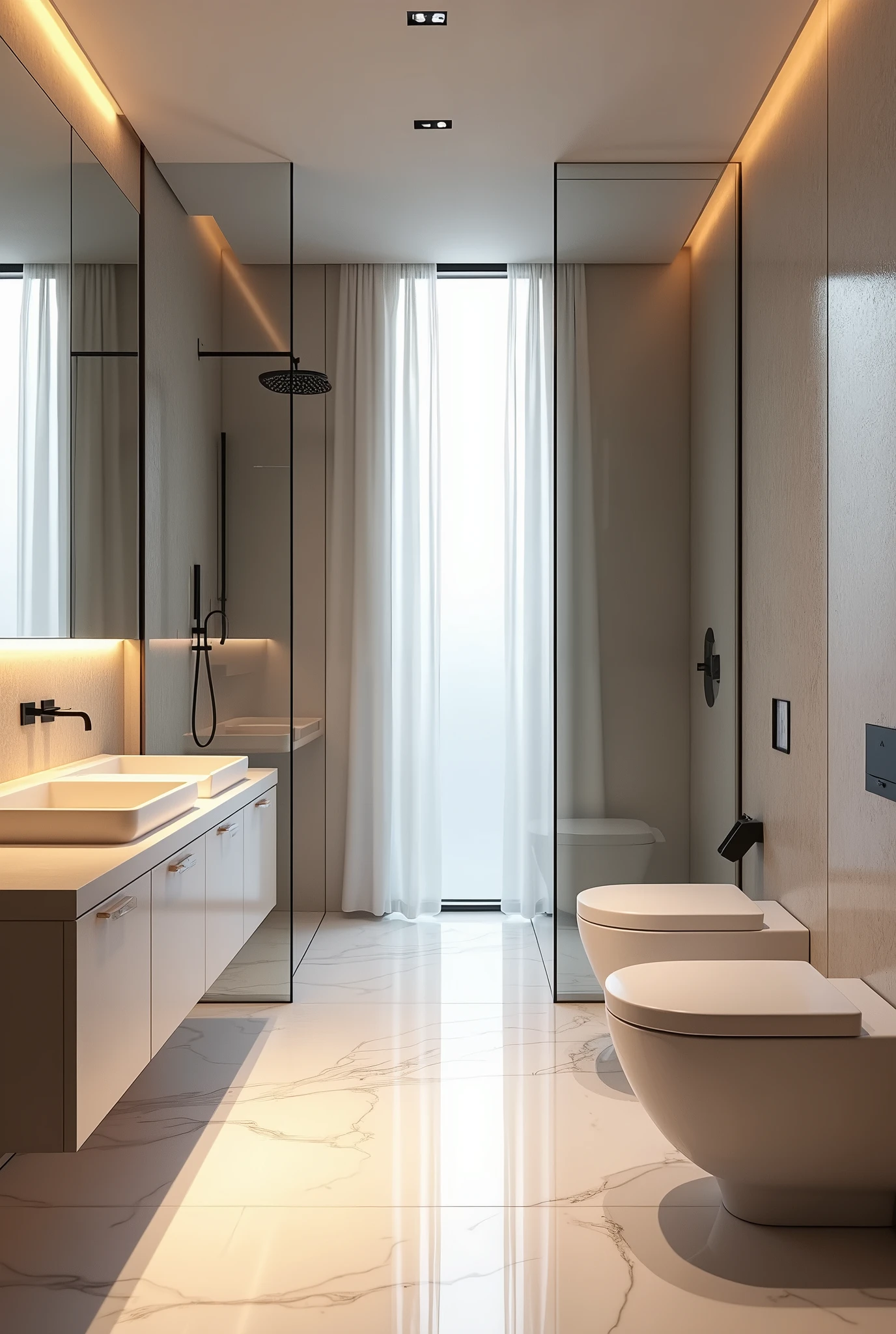 Create a rendered image that is a bathroom with direct access to the sink. On the left side of this area create another environment separated by a wall with only a shower and on the right side of the sink area create an environment with only a toilet. All environments with a tall thin window