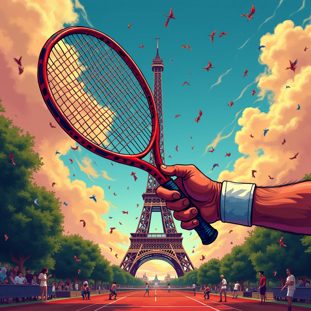Close-up of Hands, hands of (tennis) Athlete, exaggerate caricature poster, in the olympics, Eiffel tower in the background, the words"Paris 2024", joyful chaos, a modern take on classic mythology, vibrant illustration, (best quality, masterpiece, photorealistic), very aesthetic, perfect composition, intricate details, ultra-detailed, vivid colors