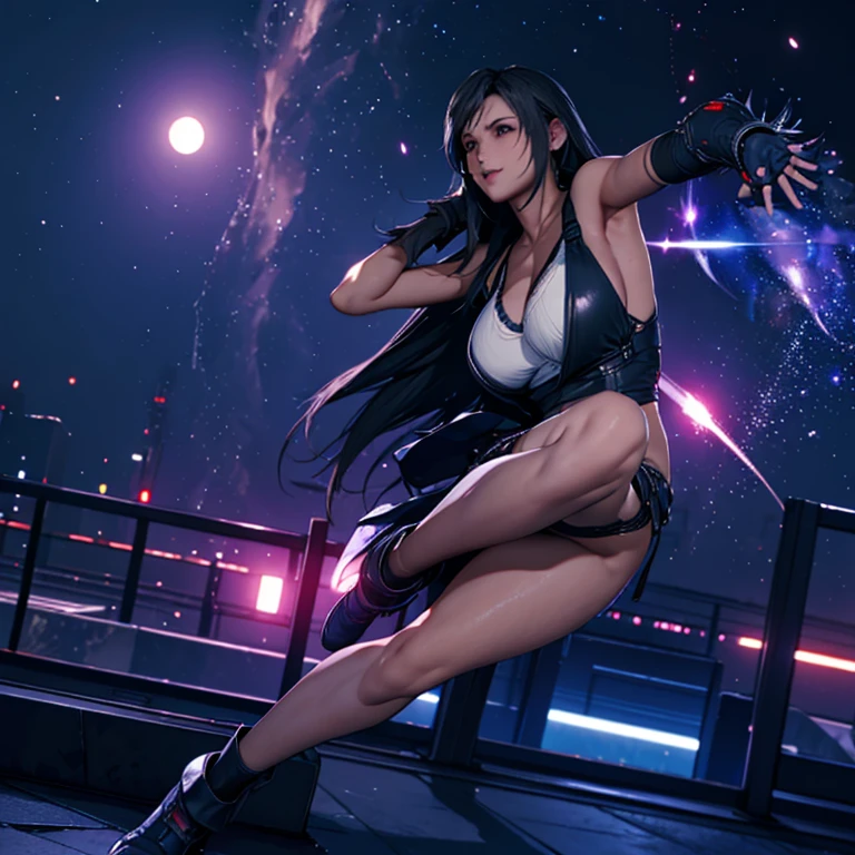  ((Master quality, 8K, masterpiece:1.3, ultra-detailed, high resolution, RAW Photos, detailed , blurry, Actual, hyper realistic, photo, HDR)), BREAK, perfect( anatomy:1.5, hands, fingers, legs, feet), detailed eyes, BREAK, One person alone, ff7r style, tifa lockhart, beautiful face, beautiful brown eyes, (dynamic posing ), long hair, ( Round and Stacked Breasts ), Cleavage, seductive smile:1.5, Sweat-soaked skin, BREAK,  , Graffiti art, BREAK, ( Random Angle, full-body, ), dynamic angle, , background(Realistic , cinematic lighting, depth of field, night , the full moon,, cyberpunk city atmosphere light particles, , )