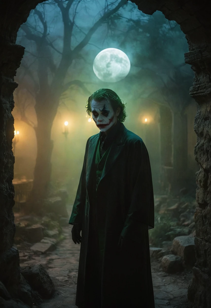 Creepy atmosphere. (Joker.1Crescent moon with a bright and colorful sky in the background) done in a dreamy and ethereal style. ominous shadows, darkness, dancing shadows, superstitions, cautionary tales. Ghost Month, 8k uhd, by Alessio Albi, Brandon Wolfel, Joshua Reynolds, John Everett Millais, dust particles, depth of field, close-up,
hyper-detailed Venetian glass, ultra-focus beams of light, occult tones of a grotto shot on anamorphic lenses, eerie atmosphere, ominous shadows, darkness, dancing shadows, superstitions, cautionary tales, haunted, restless spirits, ghostly light, desert landscape, chilling wind, thin veil between alive and dead,
gloomy setting, deserted streets, unnatural shadows, dilapidated houses, horror stories, mystery, premonition, caution, misfortune, vengeful spirits, darkness, superstition, legends, demons, evil creatures, heightened vigilance, danger, distant howls, abnormality, treacherous path, scary consequences, supernatural, awakening wrath,
otherworldly inhabitants haunt the night. artistic photography.