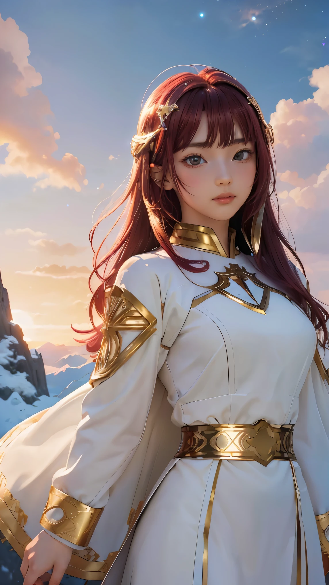((masterpiece, best quality, extremely detailed), volumetric lighting, ambient occlusion, colorful, glowing), 1girl, solo, young girl, (maroon hair with bangs), long hair, halo, aura, sacred, goddess, cleric suit, (white outfit with gold detailst:1.3), armor, outdoors, sunset, sky, clouds, space, (fantasy theme:1.2),