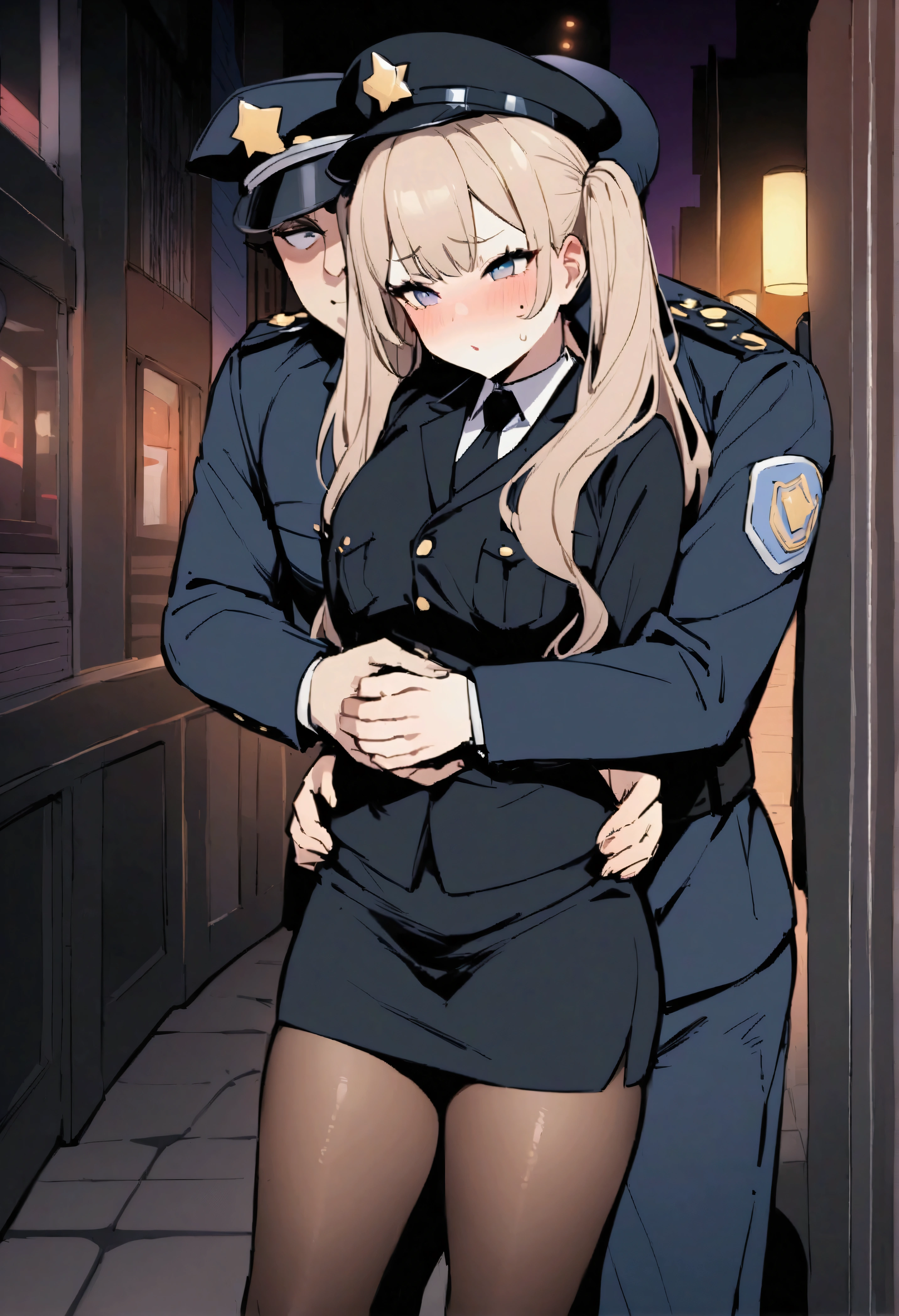 NSFW,masterpiece,Highest quality,High resolution,Very detailed,Baby-faced girl,Young face,Round face,mole,long hair,Twin tails,Short height,Police Officer,hat,Pencil Skirt,pantyhose,Heel,Nightlife,(Molester),is nervous,Put your hands on my waist and hold me close,Hug