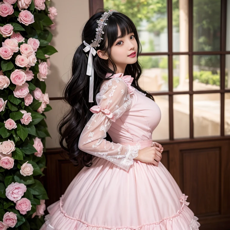 Side view,side angle, Bow tie at the back of the waist, There is a bow on the back,Sideways photo, Skirt length to calf, cupcake dress, Layered skirt with lace on each layer, Put on a lolita dress, layered dress, Pink Lolita dress, lots of lace, Long sleeve, Wide sleeves, Big Skirt, Layered lace skirt, Lace skirt,Puff sleeves, Wide sleeves, Transparent sleeves, intricate details showcase the ruffles and intricate designs of the Lolita dress, Wearing a lolita dress, in a sea of flowers, best quality, Delicate face,beautiful visual work, lifelike, eternity, black hair, Long curly hair, blunt bangs, Smile, Detailed Background, Delicate face,blush,cold,((masterpiece))、(top quality)、8k、high detail、Super detailed,41 years old,woman, masterpiece、born、Scenes resembling fairy tale illustrations、intricate details和複雜的設計、Beautifully、magic、capricious、 Beautifully、Dream aesthetics、「𝓡𝓸𝓶𝓪𝓷𝓽𝓲𝓬、ethereal、charming、fickle、magic」、realism、Visual effects、FXAA、SSAO、Shader、voiceless、ambient lighting、Tone mapping、High resolution、Ultra high quality、Million pixels、(8K resolution:1.10)、8k、8k以下、8K resolution、high detail、intricate details, (high quality:1.2、masterpiece:1.2、:1.21)、(41 years old,woman:1.21)、(興奮地Smile)、(Surrounded by a dreamy atmosphere、Model diagram,full-body shot,Normal 2 feet,Put your hands behind your back,Breast protrusion visible when wearing clothes, Large Breasts, H cup chest, pink dress, Don't show your fingers, full-body shot, full-body shot,full-body shot,full-body shot,full-body shot,full-body shot,full-body shot,full-body shot,Hands hidden in clothes, Hands hidden in clothes,Hands hidden in clothes,Hands hidden in clothes,Hands hidden in clothes,Hands hidden in clothes,Hands hidden in clothes,Hands hidden in clothes,Hands hidden in clothes, ,Hide your hands in your sleeves ,Hide your hands in your sleeves ,Hide your hands in your sleeves ,Hide your hands in your sleeves ,Hide your hands in your sleeves ,Hide your hands in your sleeves ,Hide your hands in your sleeves ,Hide your hands in your sleeves,skirt length to calf, full body photo,full body view,side view