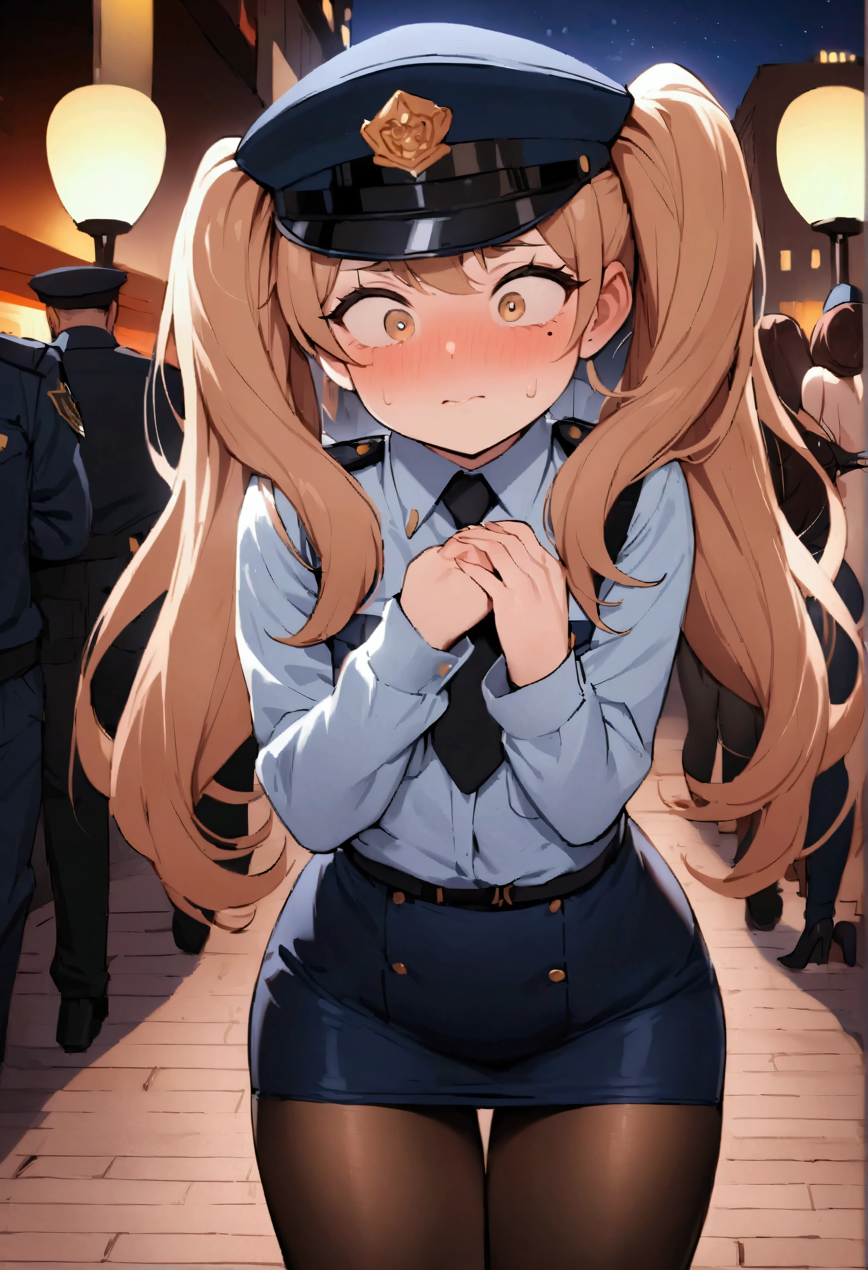 NSFW,masterpiece,Highest quality,High resolution,Very detailed,Baby-faced girl,Young face,Round face,mole,long hair,Twin tails,Short height,Police Officer,hat,Pencil Skirt,pantyhose,Heel,Nightlife,(Molester),is nervous,Put your hands on my waist and hold me close,Hug