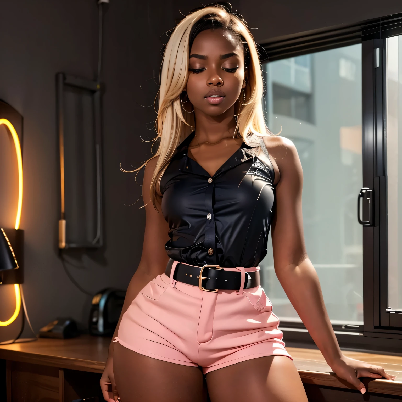 in classroom, (18 years old), (dark skin), dark skin, wide shot, blond hair, orgasm, (white button down top, pink shorts with belt), (Masterpiece, Professional lighting, 16k, 8k wallpaper, raw photo, photorealistic:1.8, ultra detailed, natural lighting, detailed skin sexy pose, open mouth, big lips, night time, eyes closed, magic energy, neon light, orgasm, screaming, narrow shoulders, thick thighs