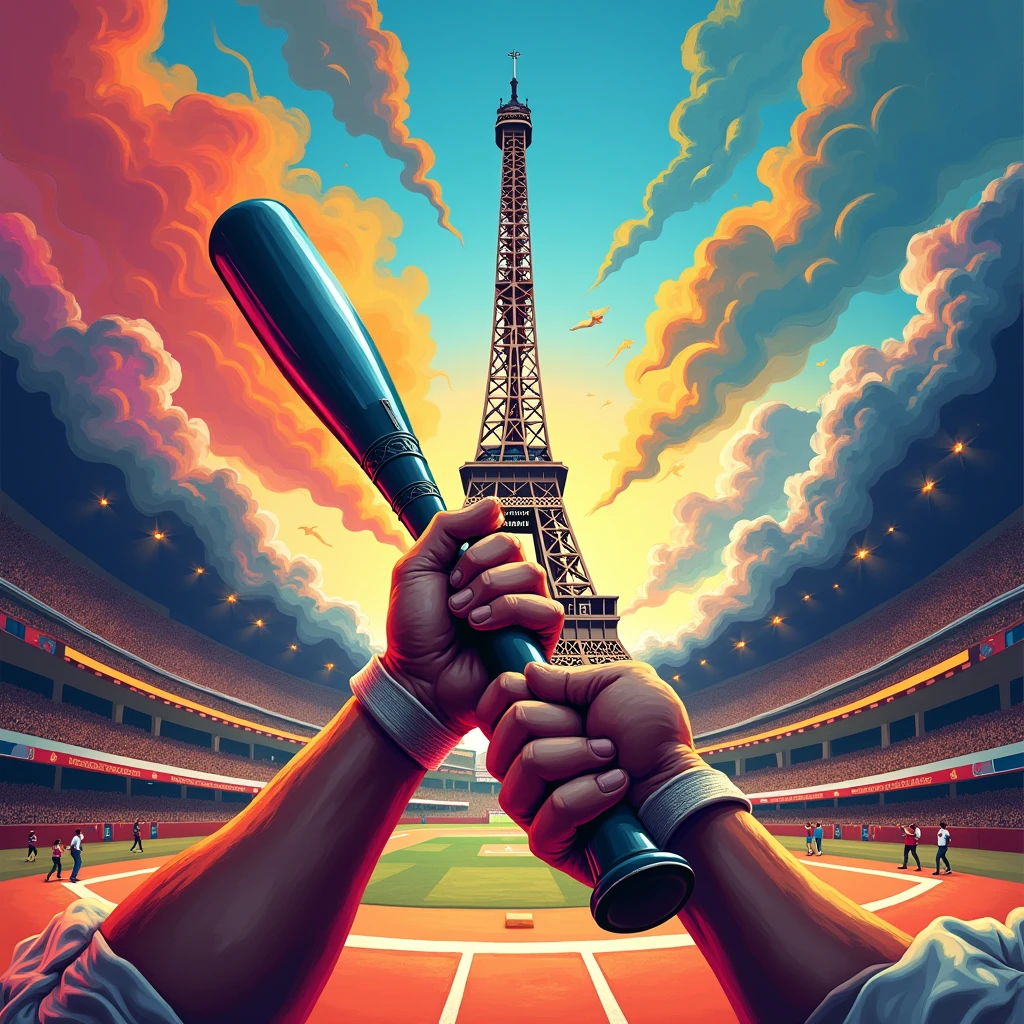 Close-up of Hands, hands of (Baseball) Athlete, exaggerate caricature poster, in the olympics, Eiffel tower in the background, the words"Paris 2024", joyful chaos, a modern take on classic mythology, vibrant illustration, (best quality, masterpiece, photorealistic), very aesthetic, perfect composition, intricate details, ultra-detailed, vivid colors