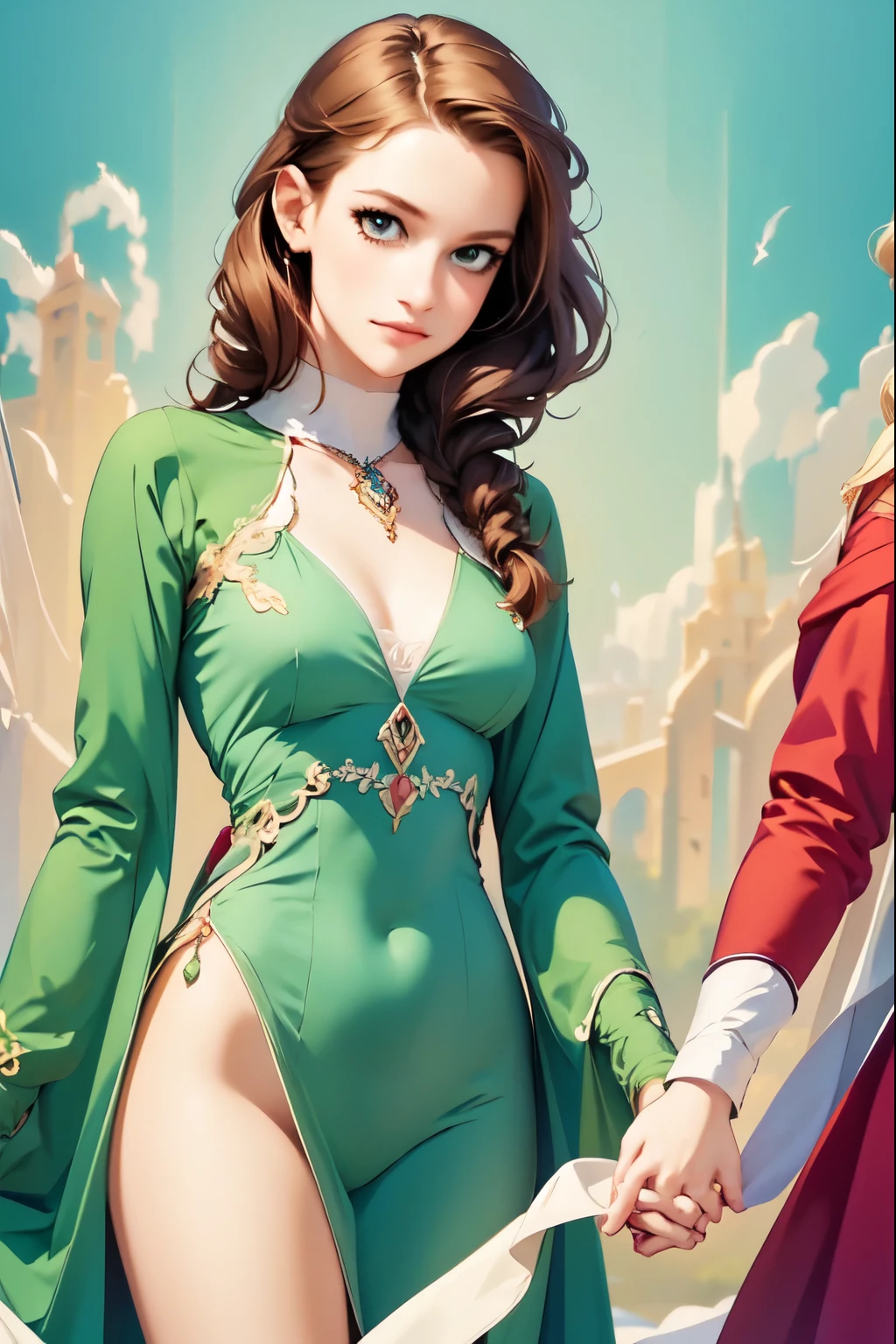 Bright colors, beautiful style, high-quality illustrations, female chin holding hand position, elegant drawing, detailed illustration of clothing and facial features.