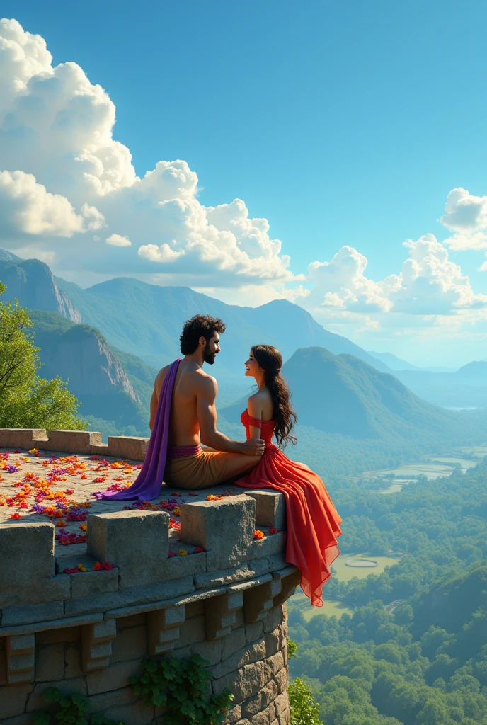 In primitive era, a happy most beautiful man and stunning beautiful woman, wearing flowers Patel and leaves as dress, sitting on a castles roop, the castle is on the top of the hill beyond many hills and mountains. beautiful blue sky, white clouds flowting over. Beautiful view of mountains and hills, scenery view from the castle.
3D Pixar cartoon, HDR, HD, 8k