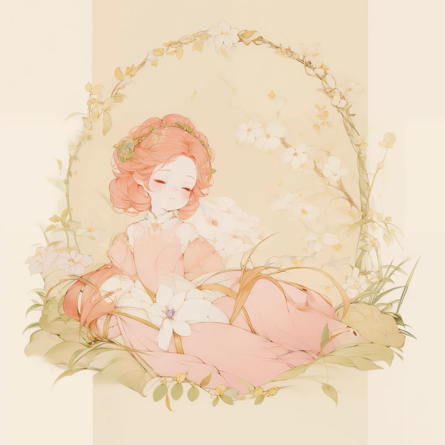 \(style\): { (masterpiece:1.2, best quality, Extremely detailed)}, Young and gentle woman, Colorful dresses，Adorned with layers of transparent lace, Flowers, Blonde Pink Hair, Hair in a complex bun, Curls falling on face, Exquisite facial features, Dreamy English garden, Delicate crystal jewelry, Charming expression, Gentle smile, Sunny meadow, Gentle spring breeze, Vibrant colors, Ethereal breath, Delicate lace details, Nostalgic Victorian charm, Romantic innocence, Beautiful posture, Bright sunshine, Movie Lighting, blooming wild Flowers, Magical fairy tale, Charming beauty, elegant, Delicate porcelain skin, Bright Eyes, Feminine charm, Fascinating presence, Peaceful and tranquil atmosphere.