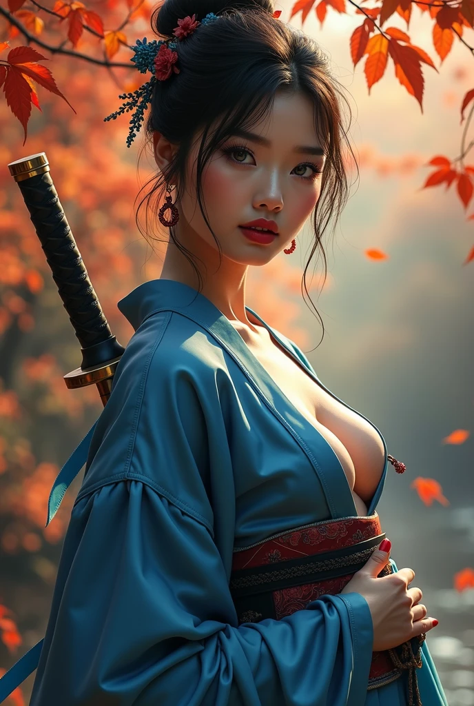 
beautiful japanese woman with big breasts in revealing blue kimono and katana, осень