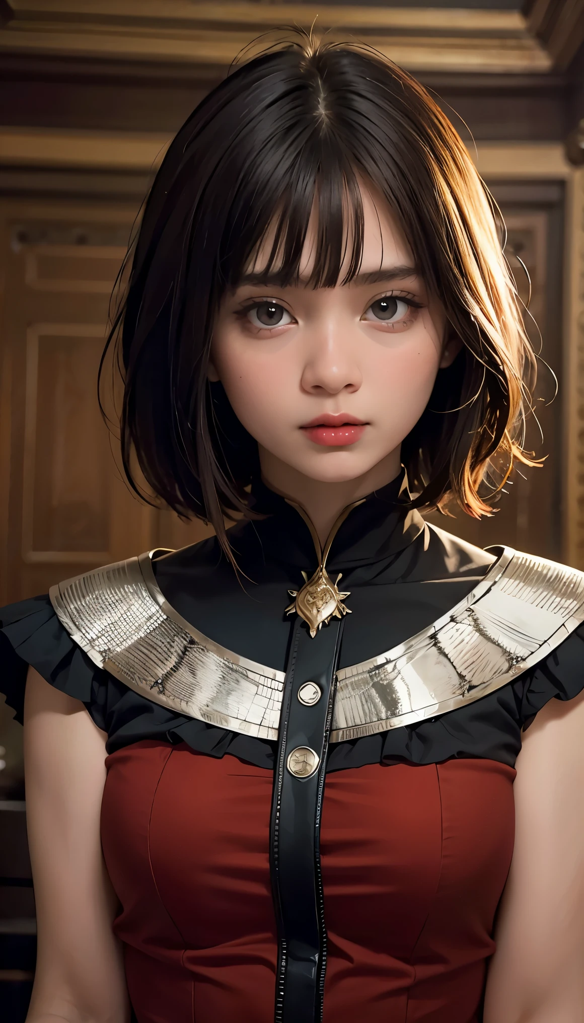 A world of swords and magic，Woman warrior, (Realistic:1.4), (Highest quality:1.0), (Ultra-high resolution:1.0), 8K, RAW Photos, (masterpiece:0.2), , Did G, One girl, Detailed skin, View your viewers, Red colored eyes, (Short hair with bangs:1.2),  (Purelos Face_v1:0.5)