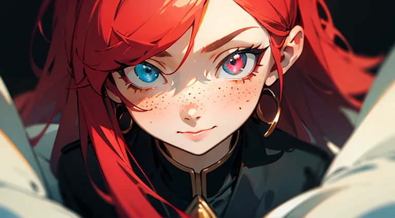 Masterpiece, Best quality, Best quality, Masterpiece, High accuracy, to focus, anime style, Close-up shot of a caricature of a woman, Design Girl, painting, Army, Anime image, شعر long, Red poetry, Heterochromatic eyes, Hair covering ears, Polished and sturdy look, Strange, long, Freckles, cheery, Luxury clothes, زاهى The colors, The colors
