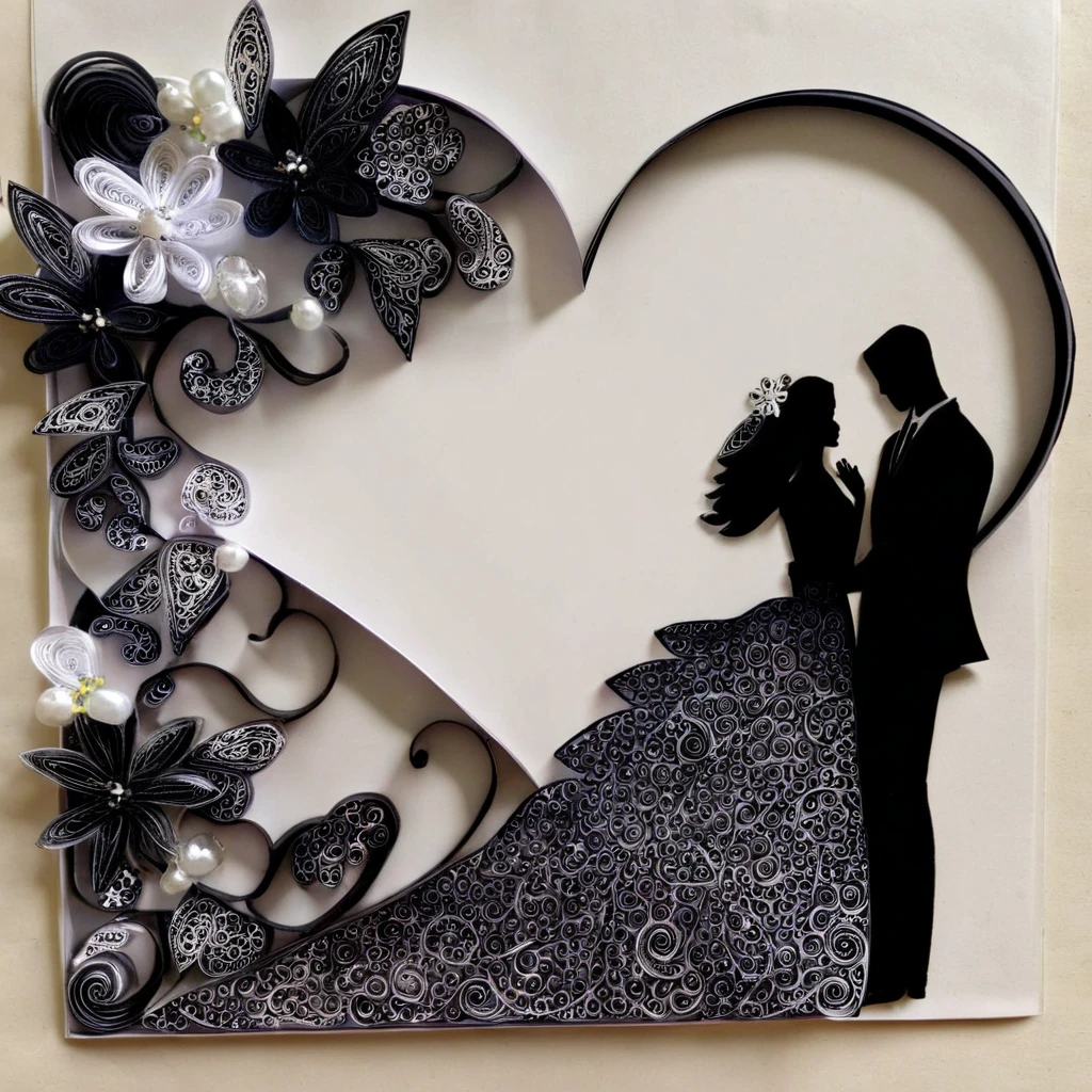 paperart, 1girl, long hair, 1boy, dress, flower, couple, faceless 、The man is kneeling、He is opening a small box with a ring to give to the woman。、Standing woman、Double exposure、wedding、silhouette、wedding、Bride and groom、zentangle weddingドレス、suggest、The ring is shining、zentangle --ar 1:1 --s 200