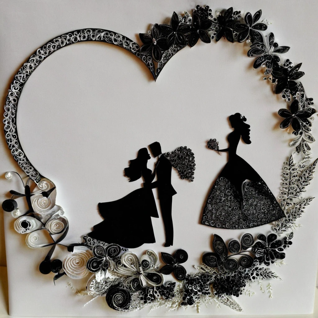 paperart, 1girl, long hair, 1boy, dress, flower, couple, faceless 、The man is kneeling、He is opening a small box with a ring to give to the woman。、Standing woman、Double exposure、wedding、silhouette、wedding、Bride and groom、zentangle weddingドレス、suggest、The ring is shining、zentangle --ar 1:1 --s 200