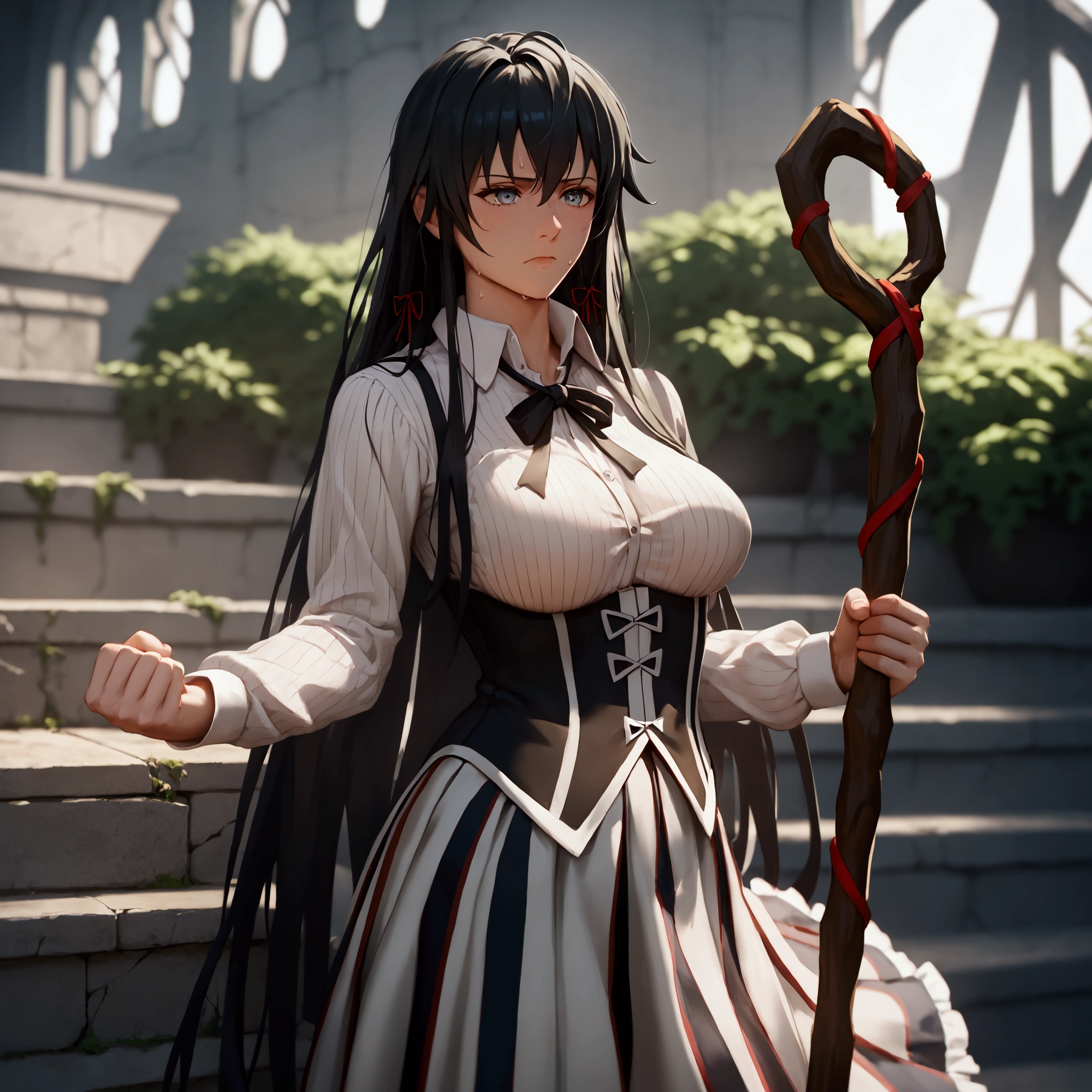 score_9, score_8_up, score_7_up, score_6_up, yukinoshita yukino, long hair, black hair, grey eyes, BREAK detailed eyes, perfect face, anatomically correct, detailed skin texture, (blush:0.5), (goosebumps:0.5), subsurface scattering, cinematic, Sharp focus, humorous illustration, big depth of field, Masterpiece, concept art, trending on artstation, Vivid colors, Simplified style, trending on ArtStation, trending on CGSociety, Intricate, Vibrant colors, Soft Shading, Simplistic Features, Sharp Angles, Playful, excessive sweating, sweating profusely, sweating drop BREAK, 1girl, staff, holding staff, ruins, solo, standing, breasts, collared shirt, long sleeves, black ribbon, neck ribbon, vertical-striped shirt, black corset, dark red skirt, pleated skirt, frilled skirt, clenched hands, 