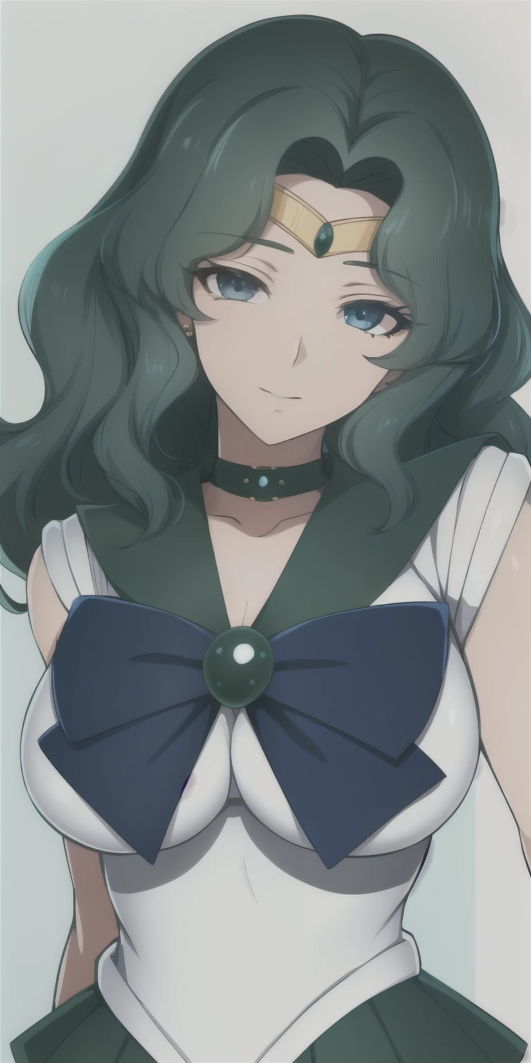 KaiouMichiru,  large breasts, standing, solo, green_sailor_senshi_uniform_blue_bowtie_blue_backbow_green_skirt, masterpiece, best quality, detailed face, detailed eyes, highres,