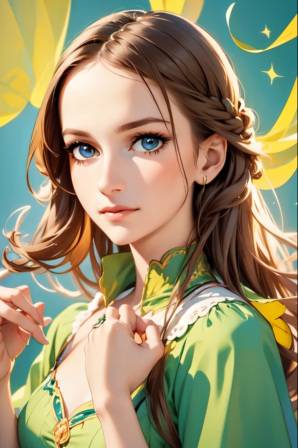 Bright colors, beautiful style, high-quality illustrations, female chin holding hand position, elegant drawing, detailed illustration of clothing and facial features.