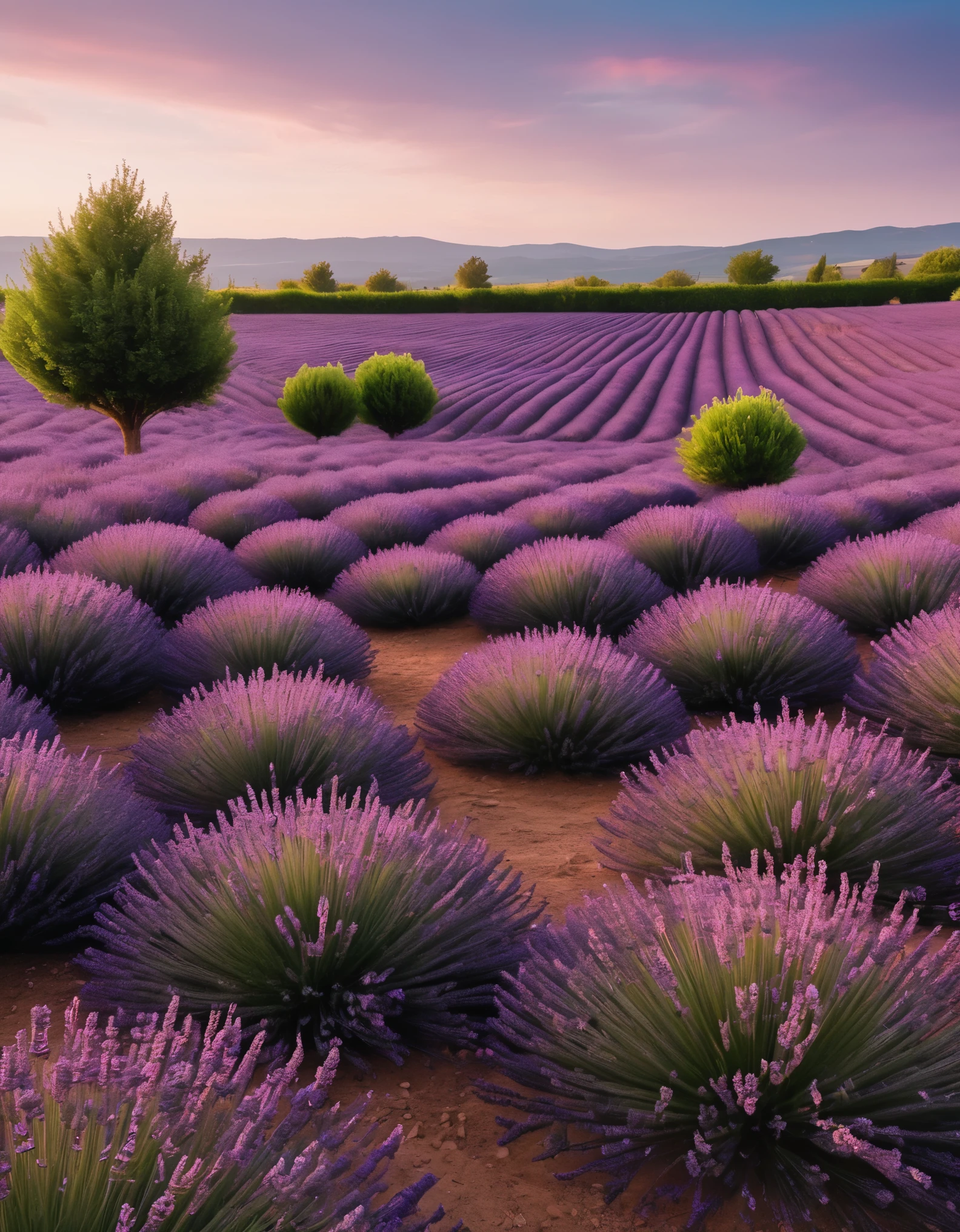 A lavender field with lush blooming bushes