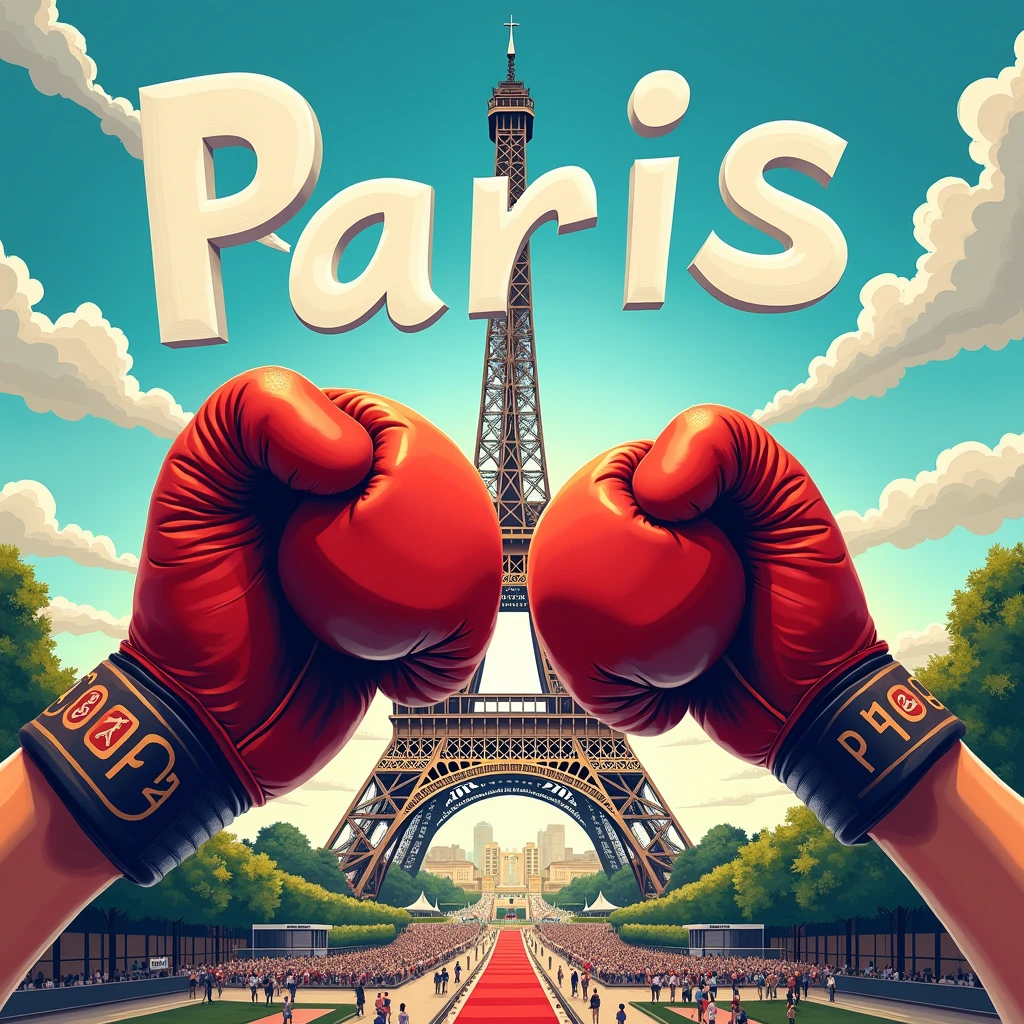 Close-up of Hands, hands of (Boxing) Athlete, exaggerate caricature poster, in the olympics, Eiffel tower in the background, the words"Paris 2024", joyful chaos, a modern take on classic mythology, vibrant illustration, (best quality, masterpiece, photorealistic), very aesthetic, perfect composition, intricate details, ultra-detailed, vivid colors