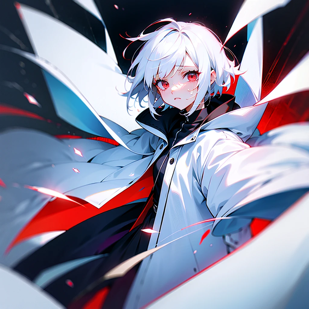 White hair red eyes short hair, cry, white coat, girl