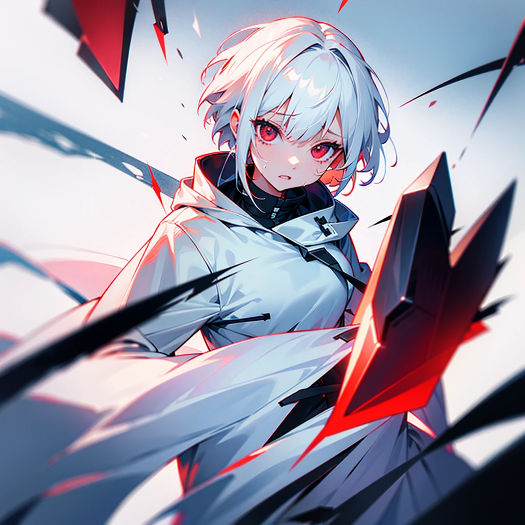 White hair red eyes short hair, cry, white coat, girl