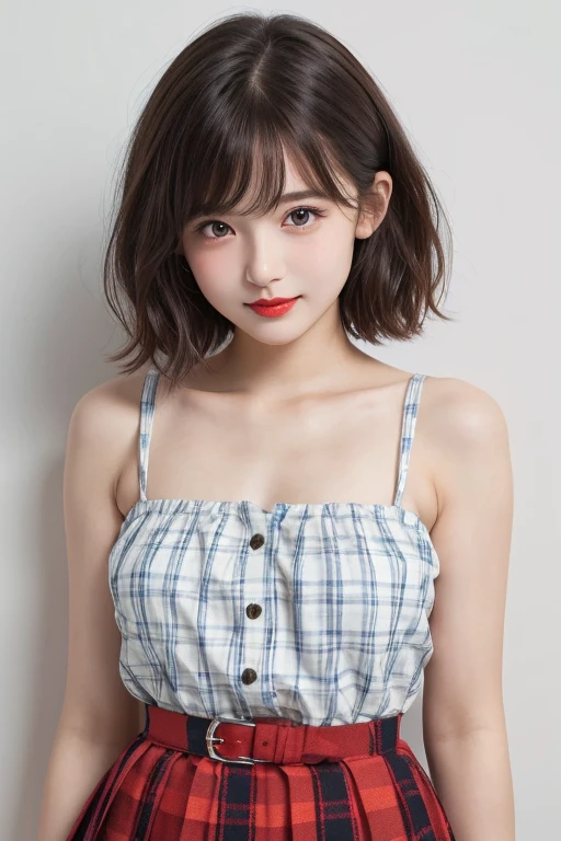 、((Highest quality、8k、masterpiece))、Sharp focus:1.2、Cute girl with perfect figure:1.4(short hair)), Adorable, 1 person, (Face to face), , Baby Face, Happy, Half Body Portrait, (Facial details: 1), (Eye details: 1), ((Small breasts)). ((Plaid short pleated skirt)), ((Red lips)), ((Strapless))