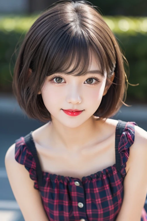 、((Highest quality、8k、masterpiece))、Sharp focus:1.2、Cute girl with perfect figure:1.4(short hair)), Adorable, 1 person, (Face to face), , Baby Face, Happy, Half Body Portrait, (Facial details: 1), (Eye details: 1), ((Small breasts)). ((Plaid short pleated skirt)), ((Red lips)), ((Strapless))