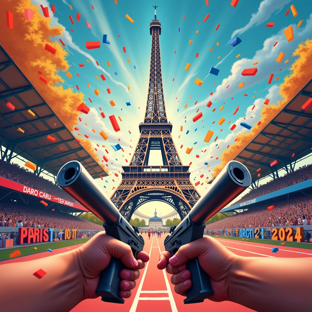 Close-up of Hands, hands of (Shooting) Athlete, exaggerate caricature poster, in the olympics, Eiffel tower in the background, the words"Paris 2024", joyful chaos, a modern take on classic mythology, vibrant illustration, (best quality, masterpiece, photorealistic), very aesthetic, perfect composition, intricate details, ultra-detailed, vivid colors