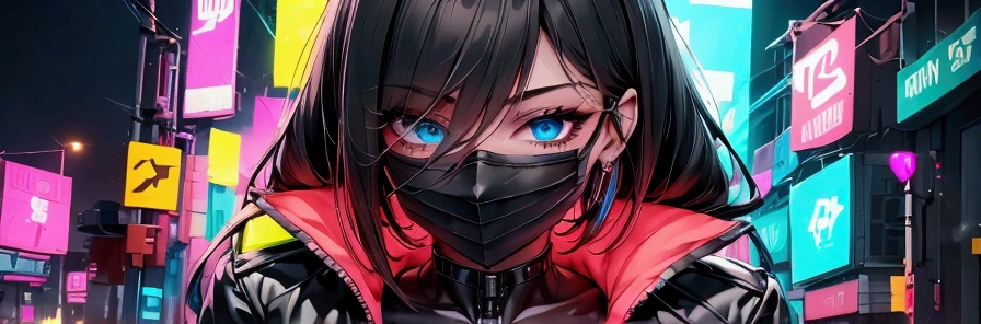 A woman in a black mask with a neon background and cyberpunk clothing.