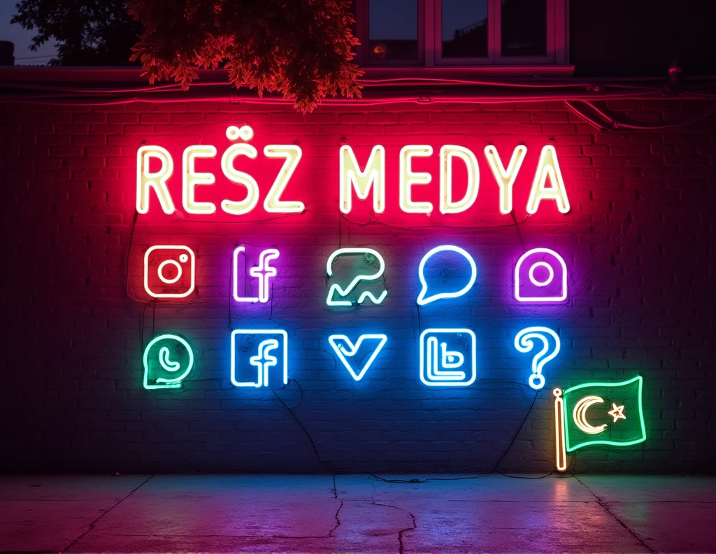 Let it be written on the wall in neon lights as "REİZ MEDYA", with media icons like Facebook, WhatsApp, Instagram, BiP, etc. and a neon Turkish flag.