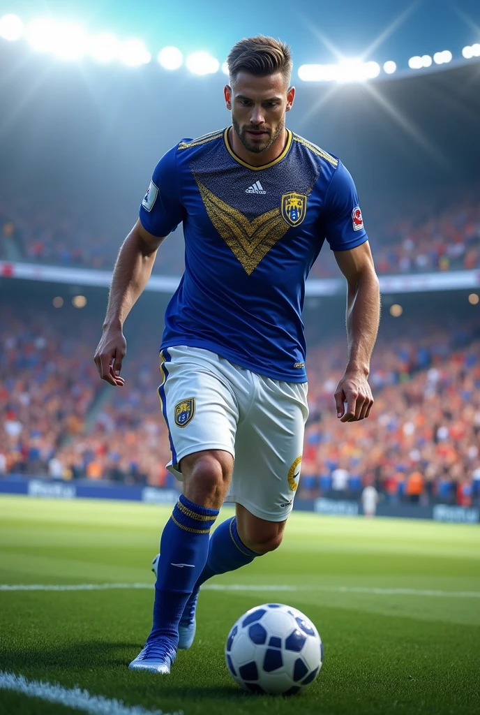 Efootball uniform in blue with gold details, white pants and blue socks