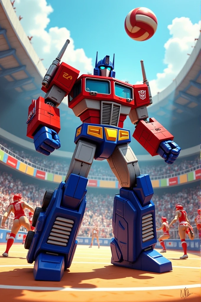 Optimus Prime playing volleyball, but playing badly
