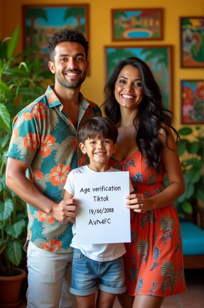 A Brazilian family, com pai, mother and son, holding a paper written"Age verification Tiktok 19/06/2008 AVN4FC"
