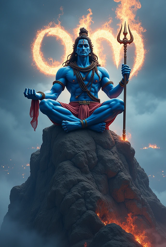 a man (fit very big body ,blue body, head's eye,goddess cloth , background big om latter lite,near stand trident, background om latter)sitting on mountain flight shiva, lord shiva, god shiva the destroyer, hinduism, hindu gods, neck around snake , devainart, by Max Dauthendey, shakti, beautiful depiction, goddess art, inspired by Kailash Chandra Meher, hindu art, hindu god, nirvana, vish ,devi Parvati and bhagavan shiv shankar (hindu) , danger background fire flying