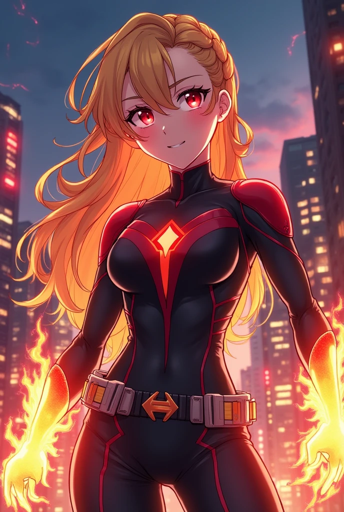 Make an anime character, woman with light blonde hair and wine-red highlights , with wine-red eyes, straight eyes, tight black clothes with touches of red and gray, like a superhero costume with a My Hero Academia theme, with the power of electricity and fire 