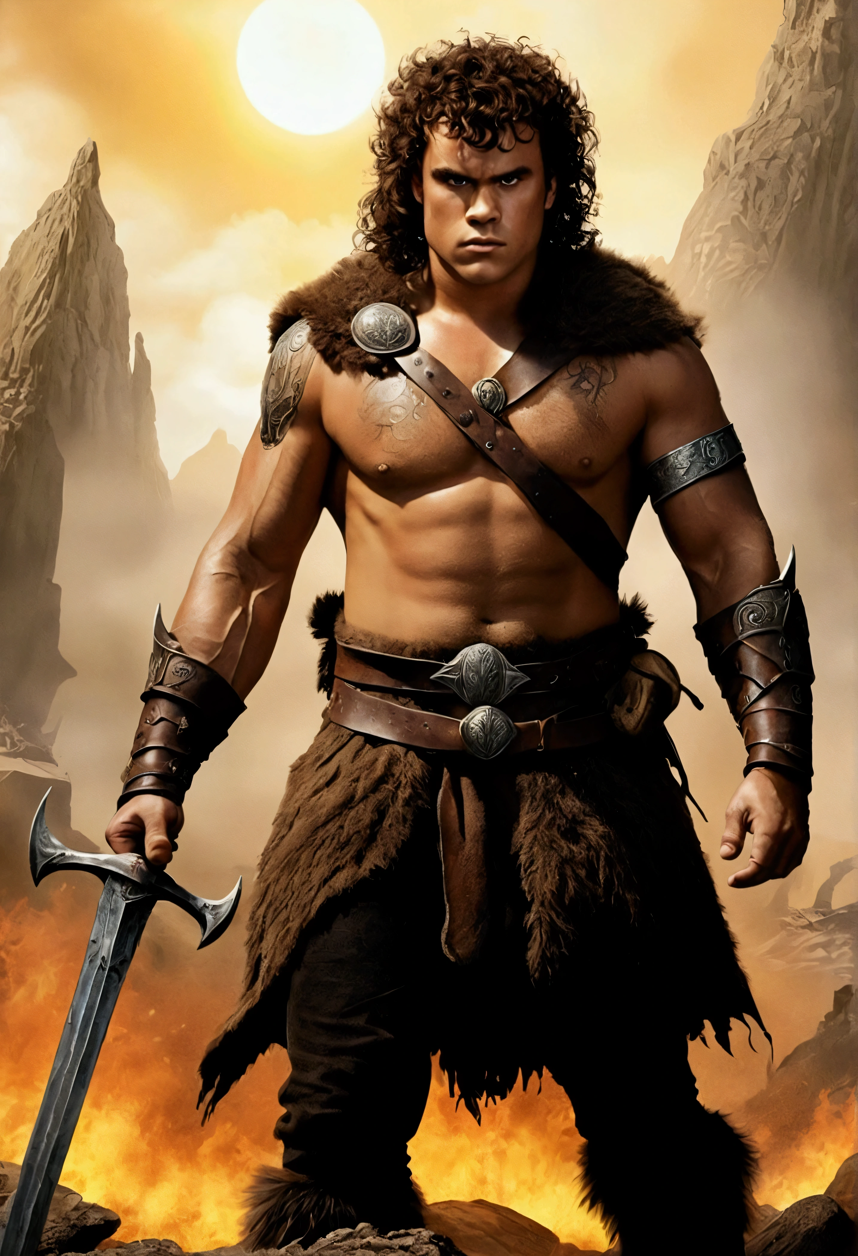 An illustrated movie poster, hand-drawn, full color, a fantasy barbarian, 21 years old, male, brown eyes, brown-black hair, voluminous curly mane, suntan complexion, medium height, broad shoulders, stocky frame, muscular, rugged, lots of body hair, hairy torso and hairy limbs, resembles John C. Reilly, wearing a leather pteruges, walking through a scorched battlefield, hard shadows, graphite shading, stencil marks, airbrushed acrylic paint, masterpiece, in the style of the Lord of the Rings