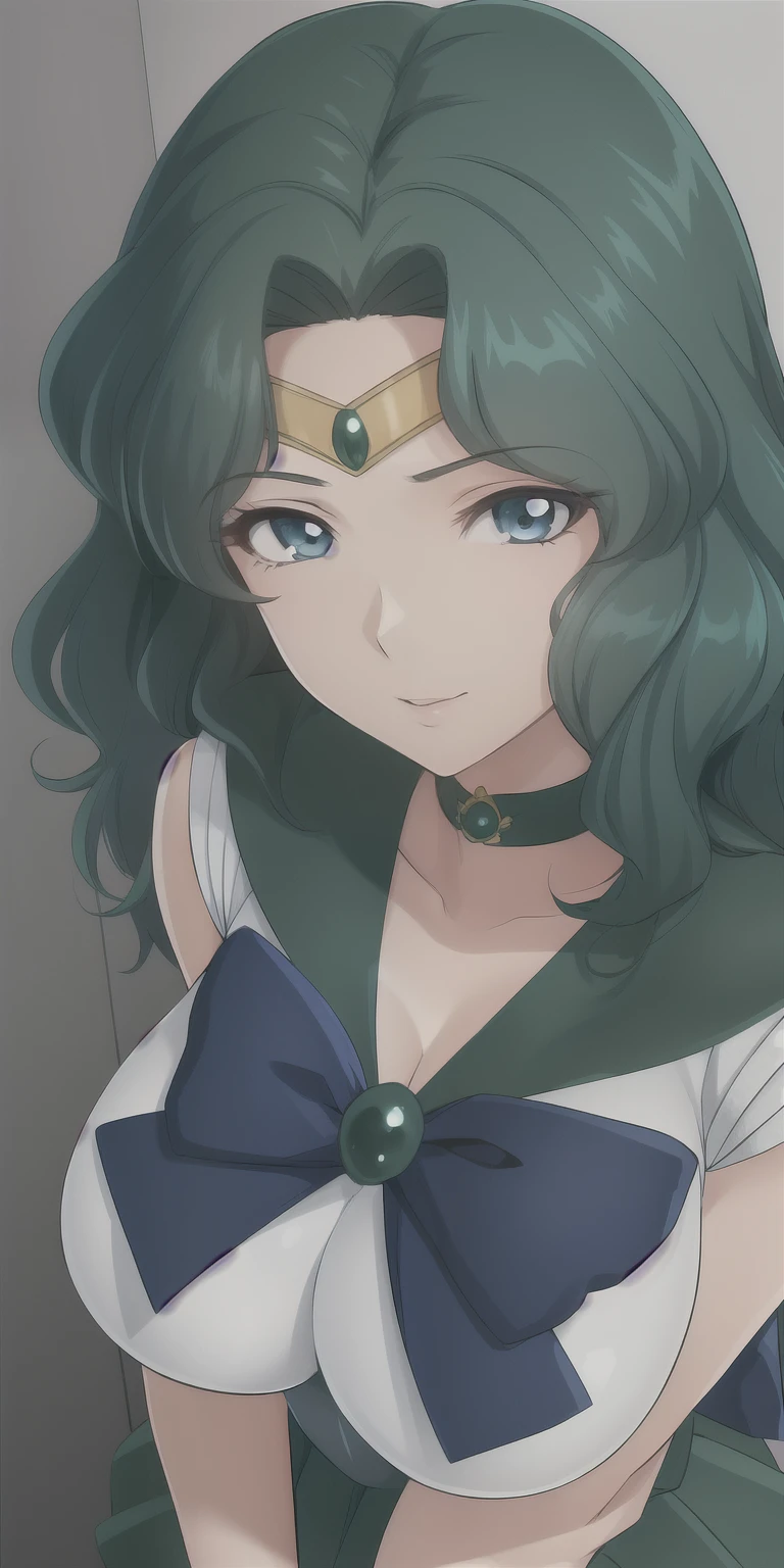 KaiouMichiru,  large breasts, standing, solo, green_sailor_senshi_uniform_blue_bowtie_blue_backbow_green_skirt, masterpiece, best quality, detailed face, detailed eyes, highres,