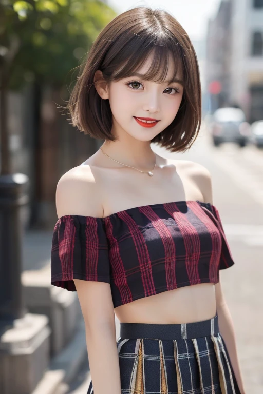 、((Highest quality、8k、masterpiece))、Sharp focus:1.2、Cute girl with perfect figure:1.4(short hair)), Adorable, 1 person, (Face to face), , Baby Face, Happy, Half Body Portrait, (Facial details: 1), (Eye details: 1), ((Small breasts)). ((Plaid short pleated skirt)), ((Red lips)), ((Strapless))