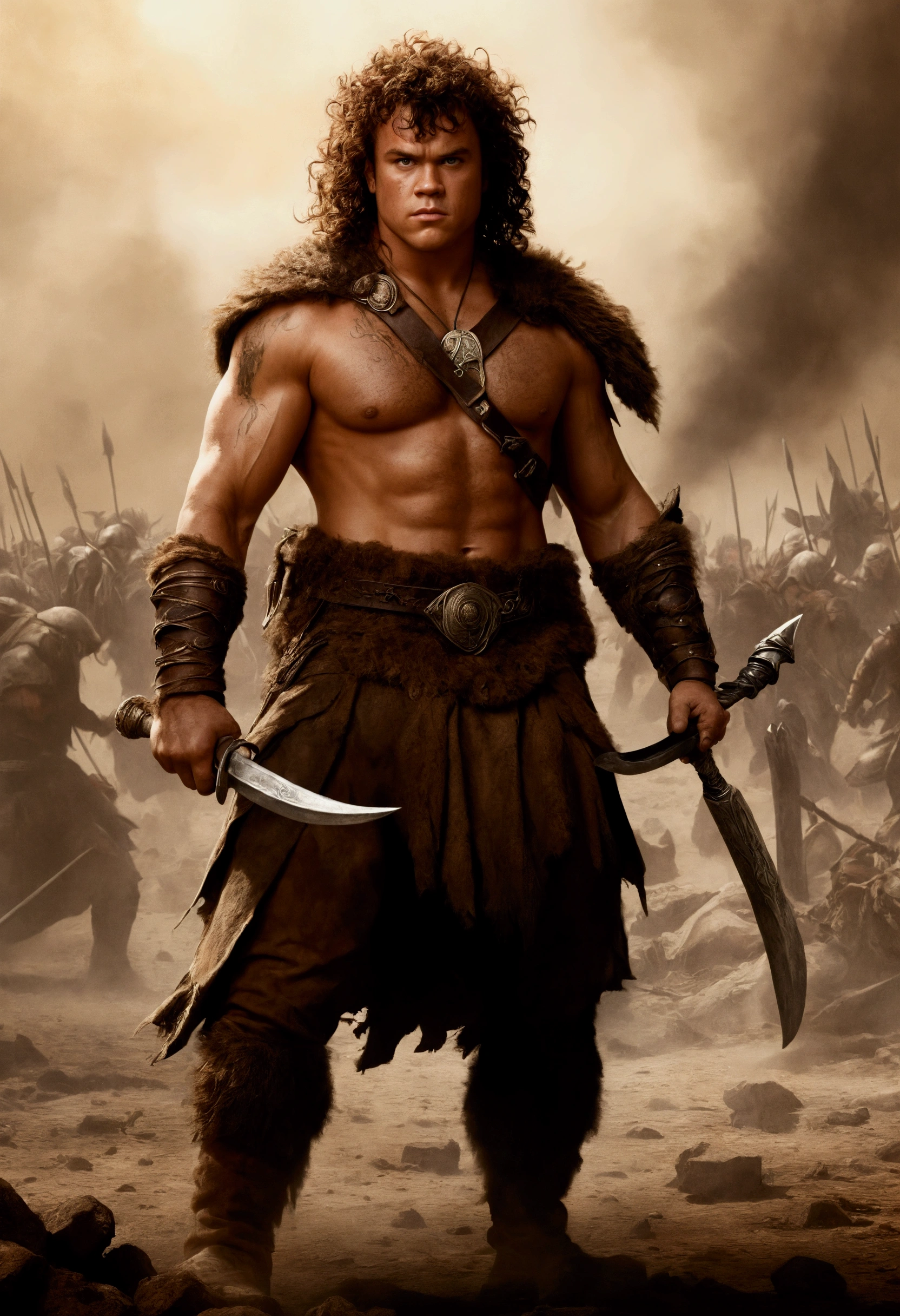 An illustrated movie poster, hand-drawn, full color, a fantasy barbarian, 21 years old, male, brown eyes, brown-black hair, voluminous curly mane, suntan complexion, medium height, broad shoulders, stocky frame, muscular, rugged, lots of body hair, hairy torso and hairy limbs, resembles John C. Reilly, wearing a leather pteruges, walking through a scorched battlefield, hard shadows, graphite shading, stencil marks, airbrushed acrylic paint, masterpiece, in the style of the Lord of the Rings
