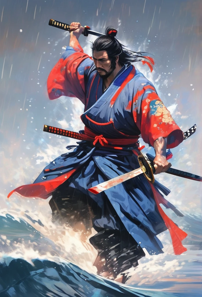 (best quality, ultra-fine, Samurai emerging from the water, forcefully splashing water from clothes, one hand gripping a Samurai sword, combat, evasion, dodge, realistic, photo-realistic:1.37), vibrant colors, sharp focus, bokeh, (fantasy:1.2),(mysterious landscape), (dynamic pose:1.37), intense gaze, extraordinary power, mythical power, black and red, rainy day, wounds on the body, splashing water, Japanese style)