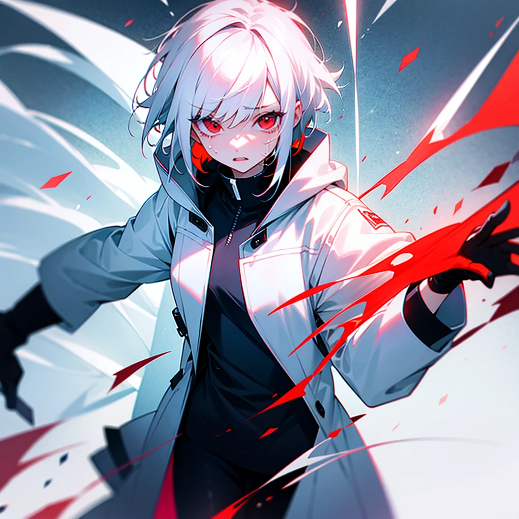 White hair red eyes short hair, cry, white coat, girl 