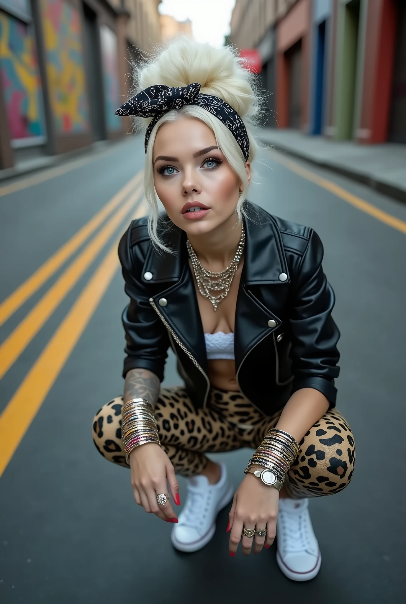russian milf woman, platinum blonde hair (huge top bun) and bandana as headband, with very light blue eyes, extremely pale. Wearing cropped black moto jacket, white bra, golden leopard print leggings, white tennis sneakers. Lots of metallic wide bracelets, neon plastic armelets and collars. Thin studded belt. Wide loop plastic earrings. Kneeling looking up, eyes and mouth wide open in amazement. Hands on her knees. Chin up, Listening in amazement to somebody speaking to her, toned six pack abs, thin legs and thin arms