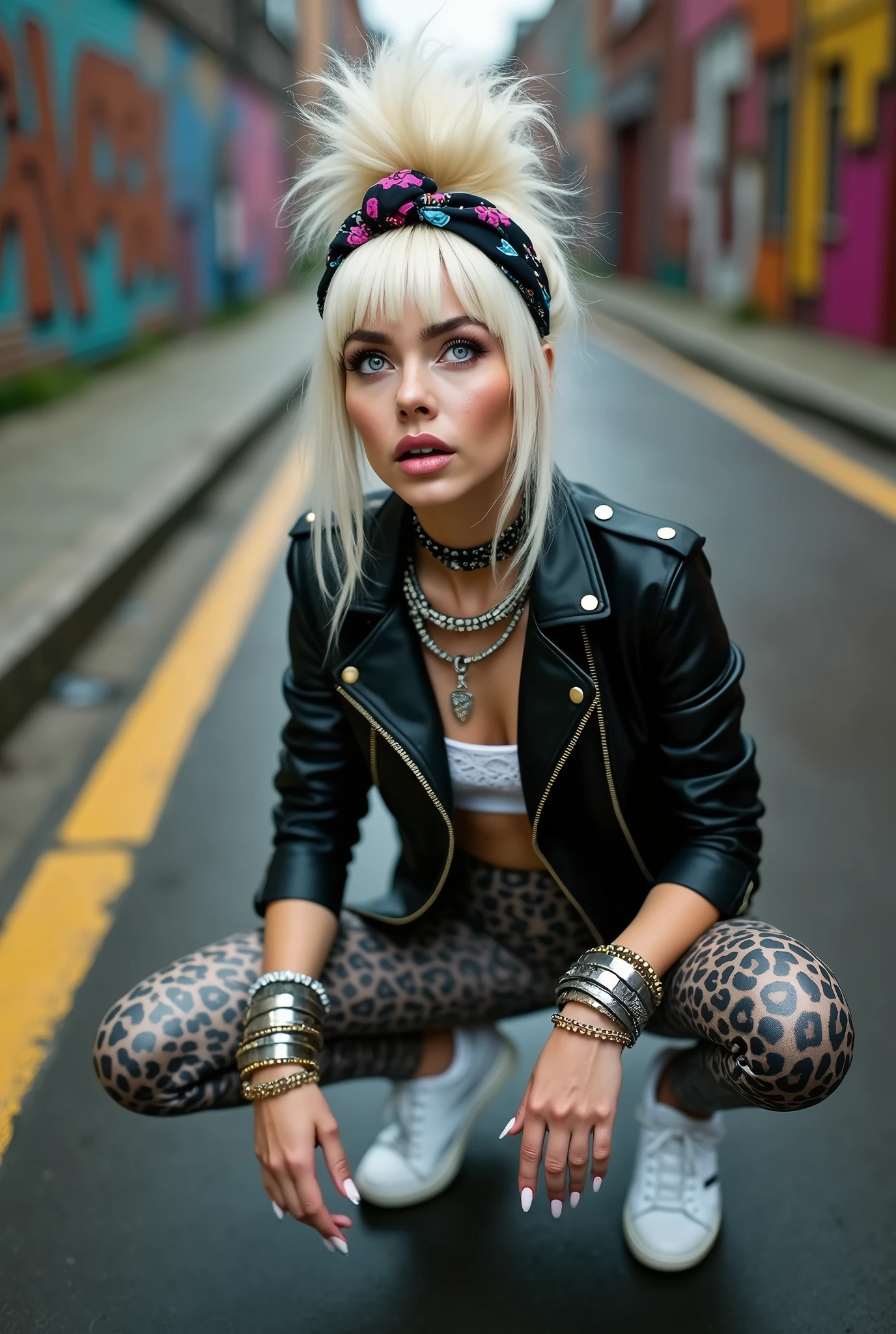 russian milf woman, platinum blonde hair (huge top bun) and bandana as headband, with very light blue eyes, extremely pale. Wearing cropped black moto jacket, white bra, golden leopard print leggings, white tennis sneakers. Lots of metallic wide bracelets, neon plastic armelets and collars. Thin studded belt. Wide loop plastic earrings. Kneeling looking up, eyes and mouth wide open in amazement. Hands on her knees. Chin up, Listening in amazement to somebody speaking to her, toned six pack abs, thin legs and thin arms