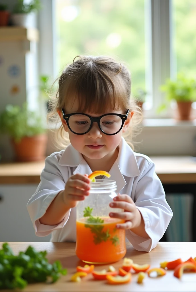 A child wearing a lab coat and glasses placing vegetable scraps and fruit peels inside a plastic bottle..