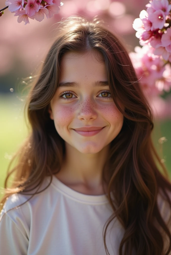 Portrait of a white teenage girl with dark brown hair and light brown eyes, with freckles on her cheeks and a loose t-shirt.